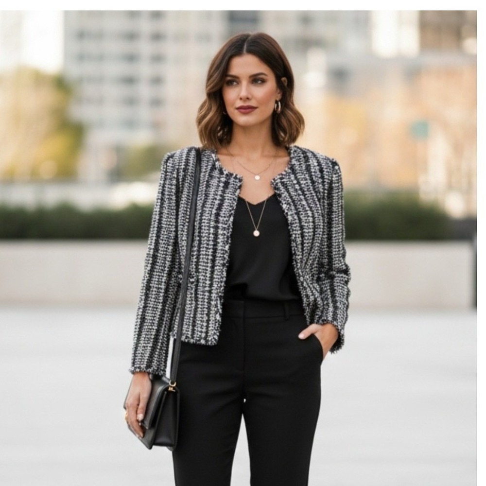 Ports‎ Tweed Blazer Jacket Womens 12 Black White Striped Boucle Fringed Trim